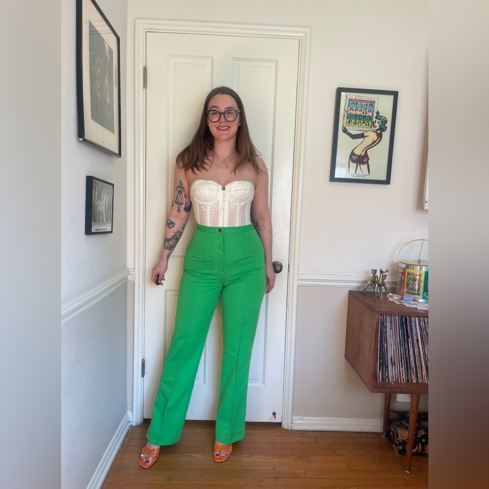 70s Vintage Lime Green High Waisted Double Knit Poly Pants